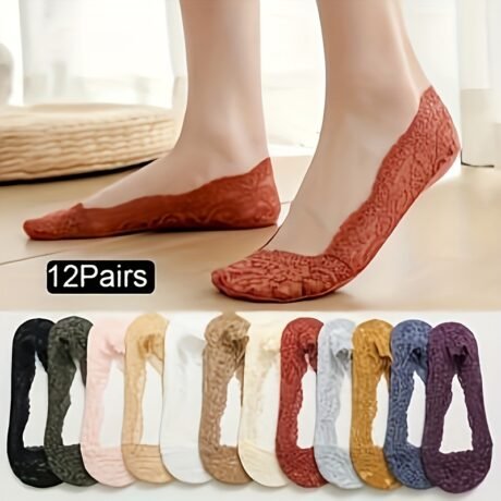 12 Pairs of Ultra-Comfortable Lace Floral No-Show Socks - Invisible, Semi-Sheer, No-Slip, Breathable, and Moisture-Wicking - Perfect for Women's Stockings and Hosiery, Everyday Wear, and Outdoor Activities